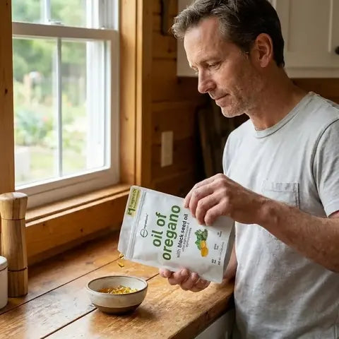Hombre incorporando aceite de orégano a su alimentación