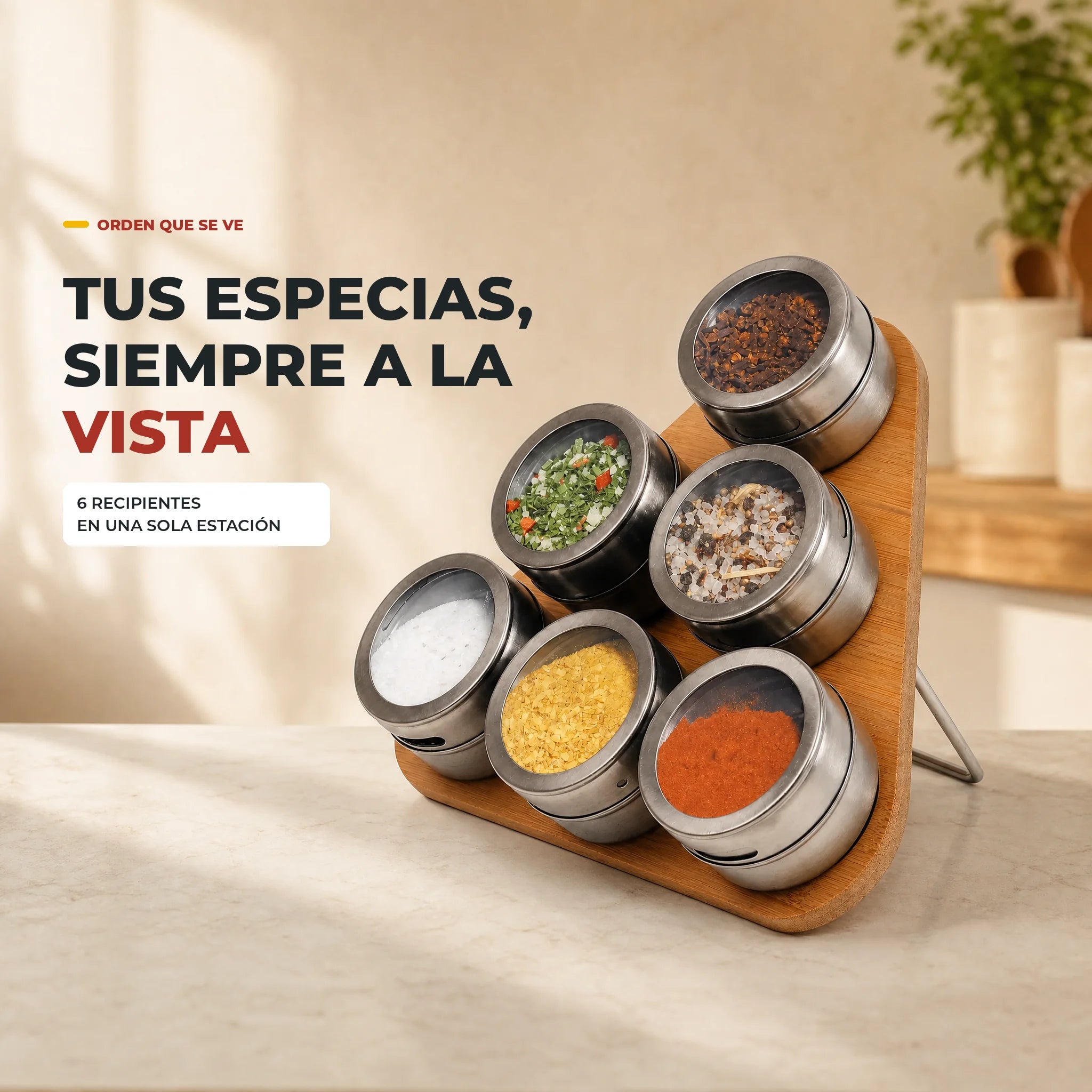 Condimentero de seis recipientes organizado en una cocina cálida