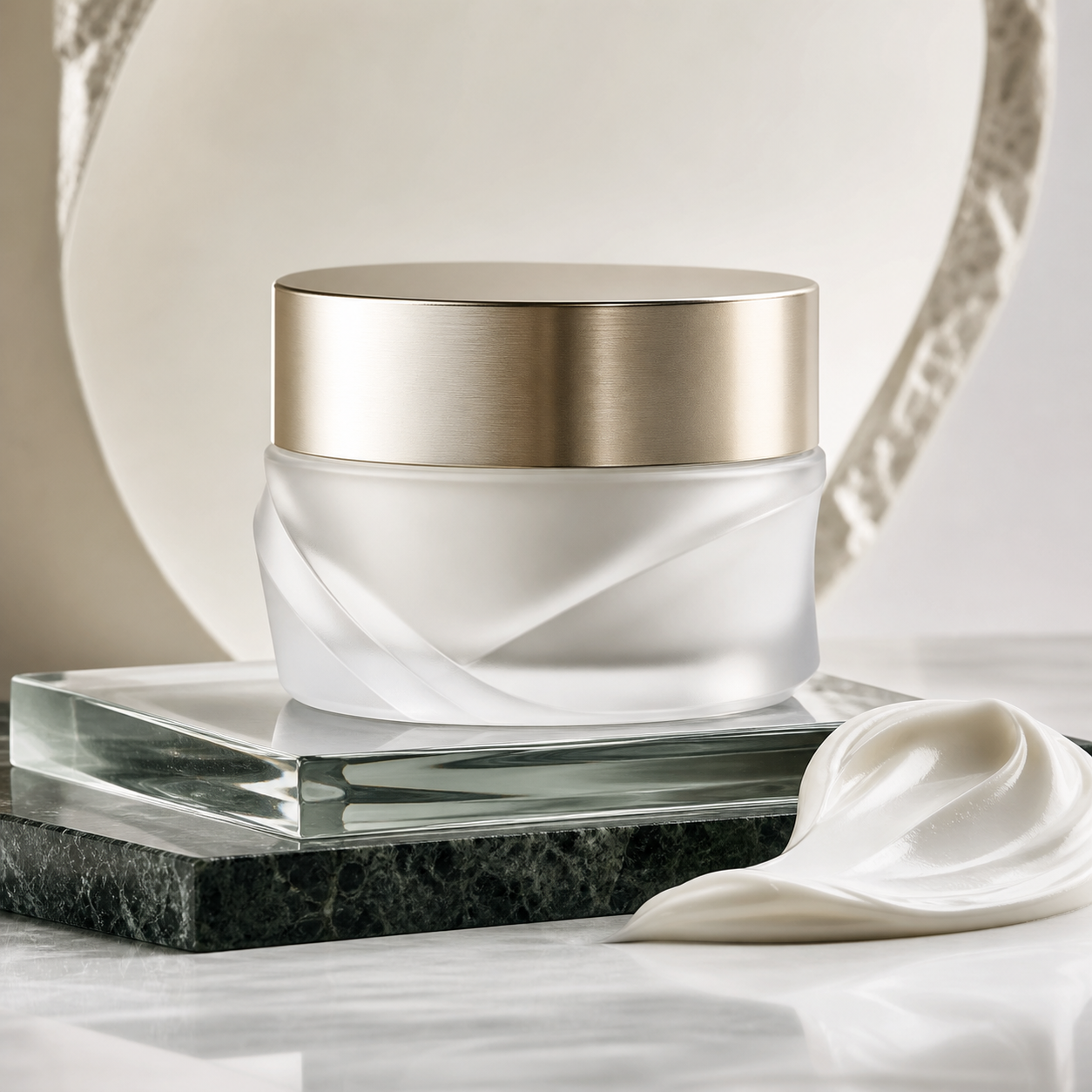 Crema facial de lujo en frasco blanco y tapa metálica