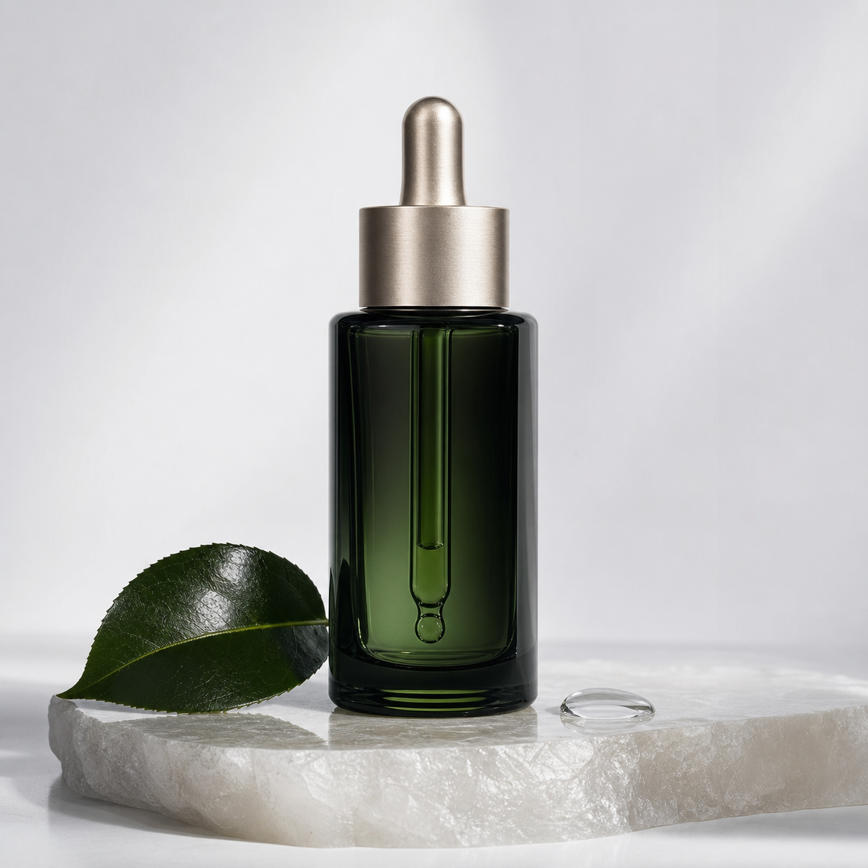 Sérum facial de vidrio verde sobre piedra translúcida