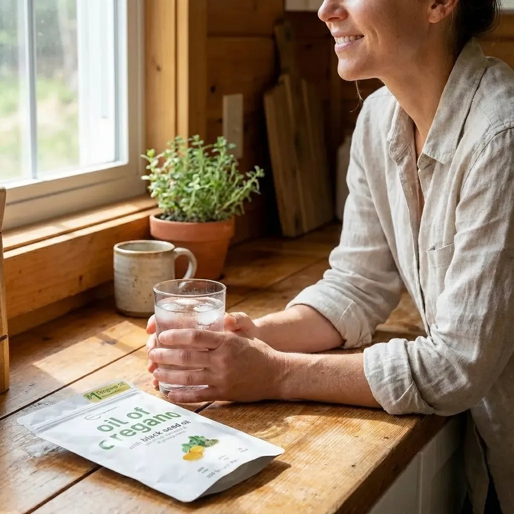 Mujer tomando agua junto al suplemento